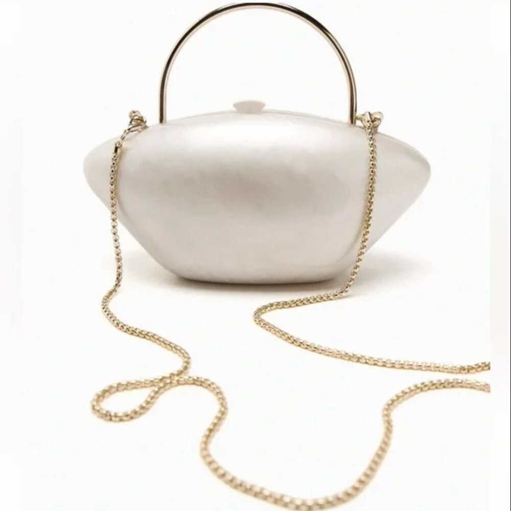 Zara Mother of Pearl Shell Minaudiere Clutch Purse Bag Gold Chain Strap New